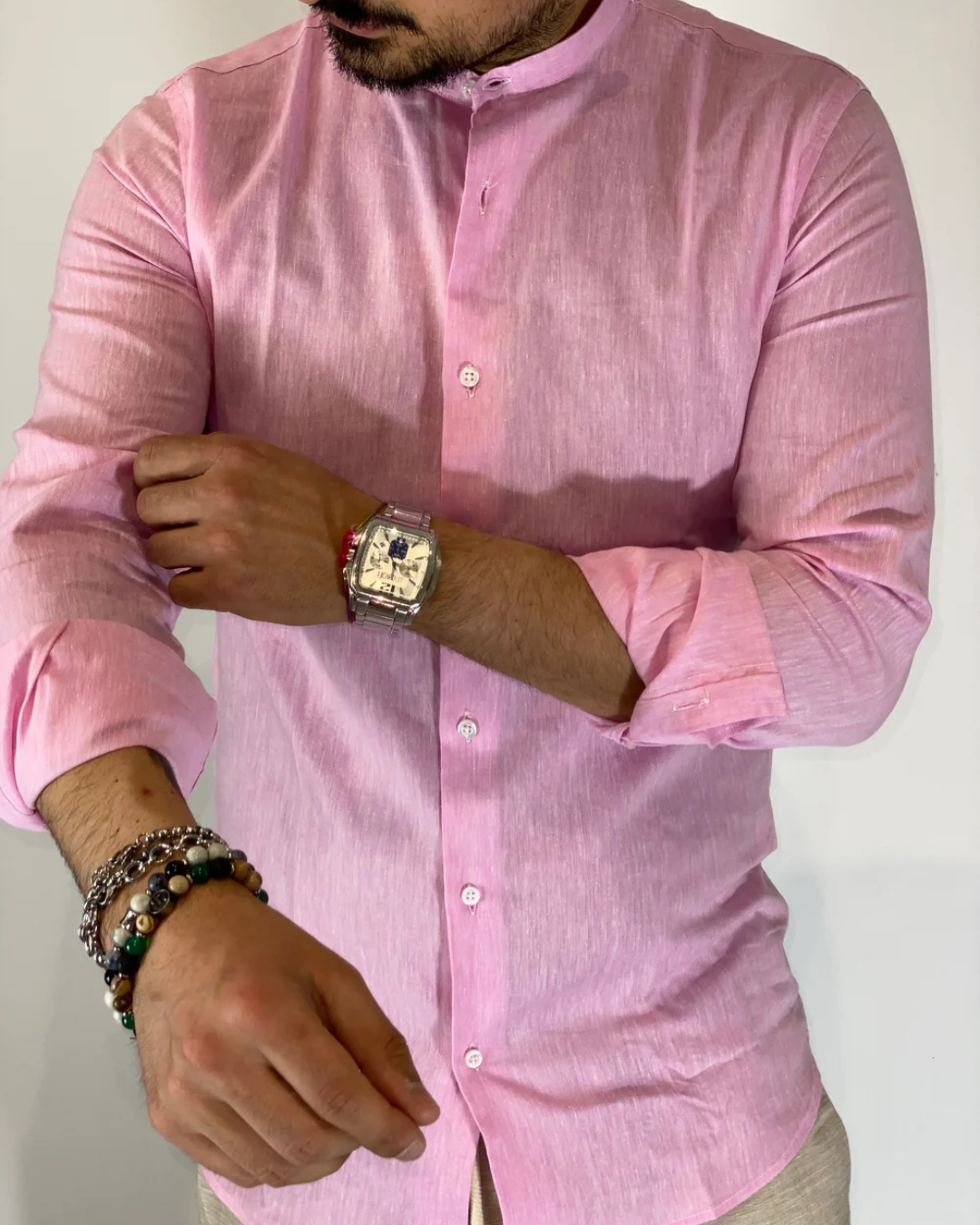 Camisa de Linho com Gola Mao para Homem