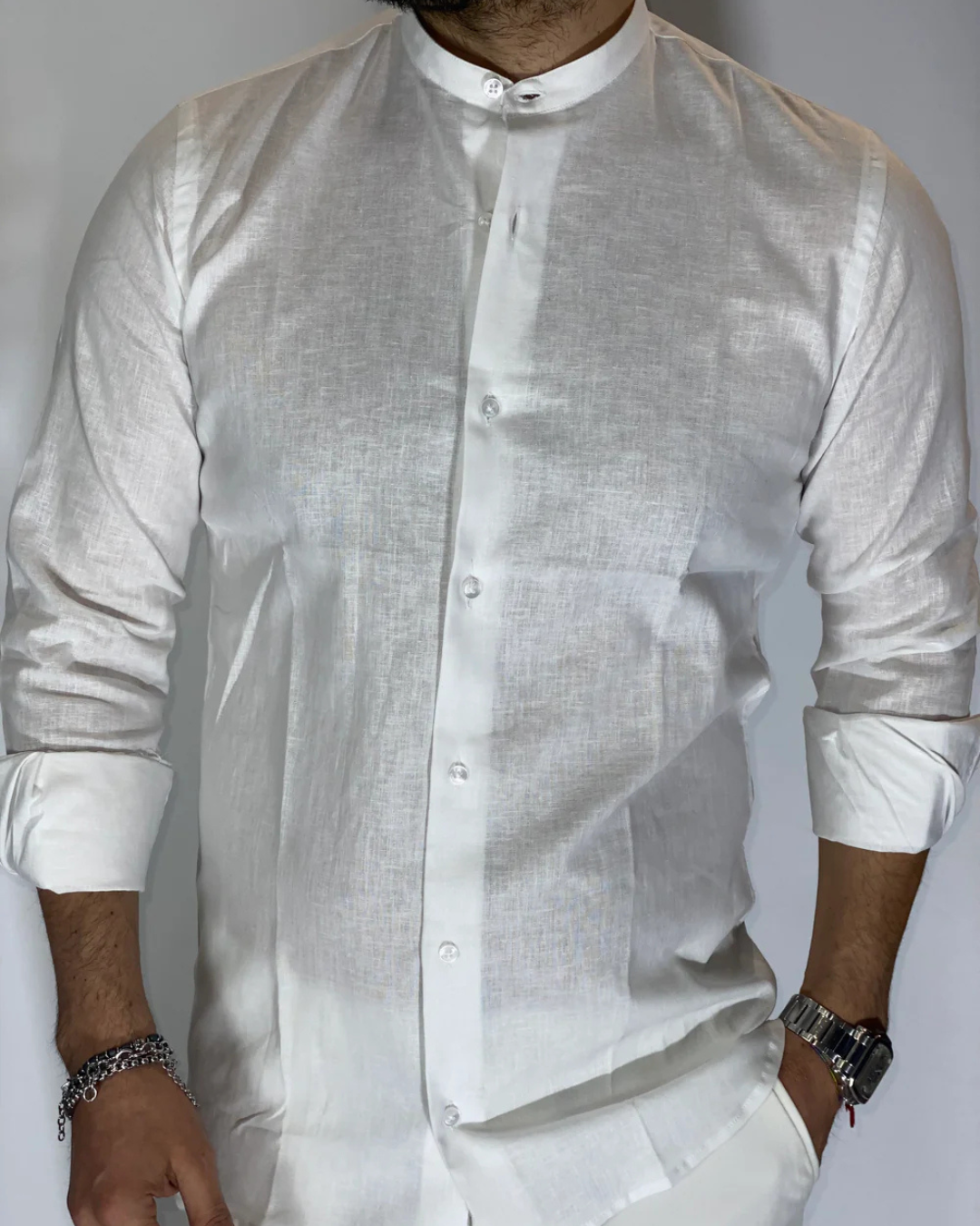 Camisa de Linho com Gola Mao para Homem